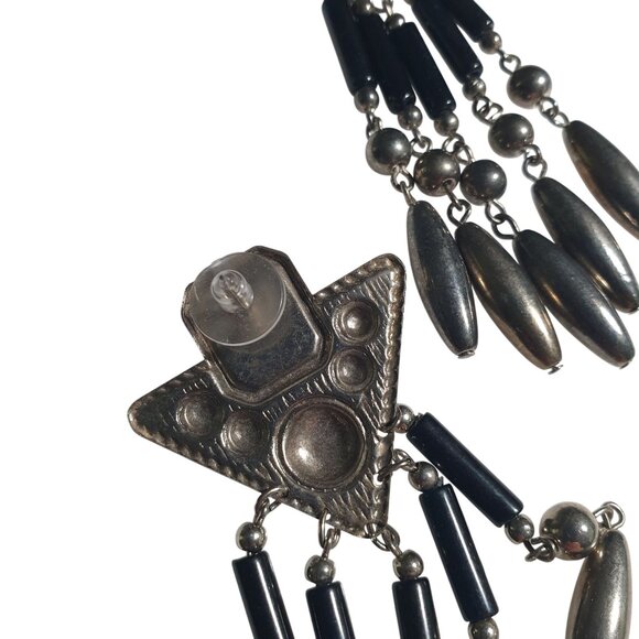 Vintage Long Dangle Earrings Black Silver Tone Geometric Western Jewelry Post - Picture 6 of 6